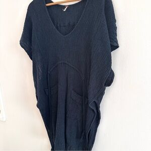 Free People Navy Gauzy Cotton swim cover up tunic kaftan with tassel tie M/L